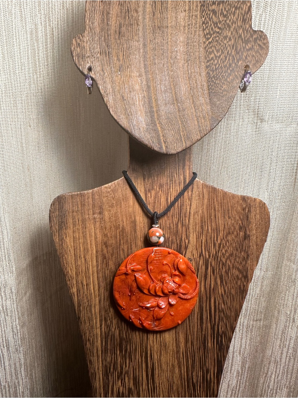 Large Round Red Agate Lotus and Dragonfly Pendant Necklace on Black Rope - Picture 2 of 13